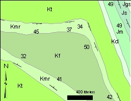 Portion of a geologic map, with properly labeled strike and dip symbols.