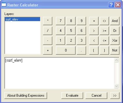 The Raster Calculator, with the surf_elev raster loaded