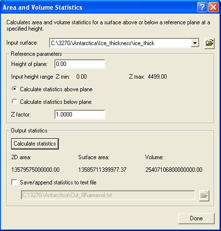 Results of ice volume calculation in 3D Analyst.