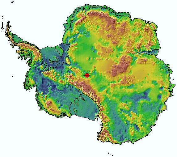 Antarctic sub-ice bedrock topography, including regions beneath the permanent ice shelves.  Cooler colors are lower elevations, warmer higher. 