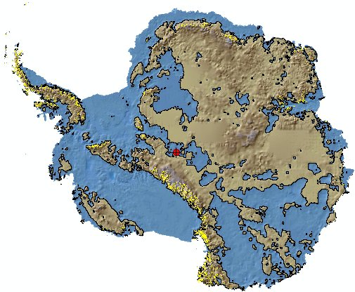 Antarctic sub-ice topography, showing regions below present sea level in blue