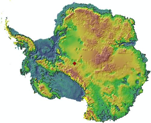 DEM of Antarctica without ice after isostatic rebound.  Black line is present Mean Sea Level contour.