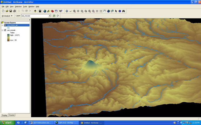 Figure 7.  ArcScene image of the DEM mosaic, rendered with a color ramp, and the rivers file (blue lines). Note that the display shows all rivers, not just those with headwaters on Mt. Raini