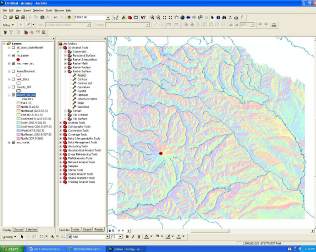 Figure 4 - ArcMap showing Data View of the Aspect raster and rivers in an area of interest around Mt. Rainier (red dot).