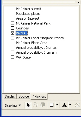 Figure 5. Table of Contents viewed with the Selection tab active. When checked, only the Rivers layers is selectable by any of the selection tools.