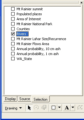 Figure 5. Table of Contents viewed with the Selection tab active. When checked, only the Rivers layers is selectable by any of the selection tools.