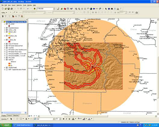 Figure 8. Buffer of 6 miles (dark orange) and 60 miles (light orange) away from the summit of Mt. Rainier.