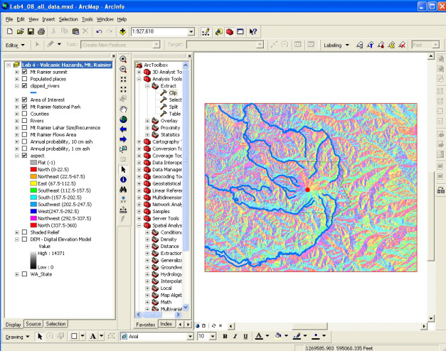 Figure 6. Rivers having headwater on the slopes of Mt. Rainier, clipped to the area of interest.