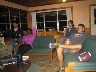Game time at the bunkhouse; Carl, April, Sneha, Bjorn